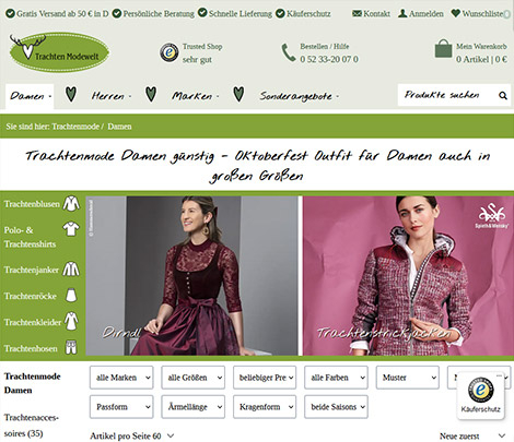 Design Hauptkategrie Onlineshop für Trachtenmode